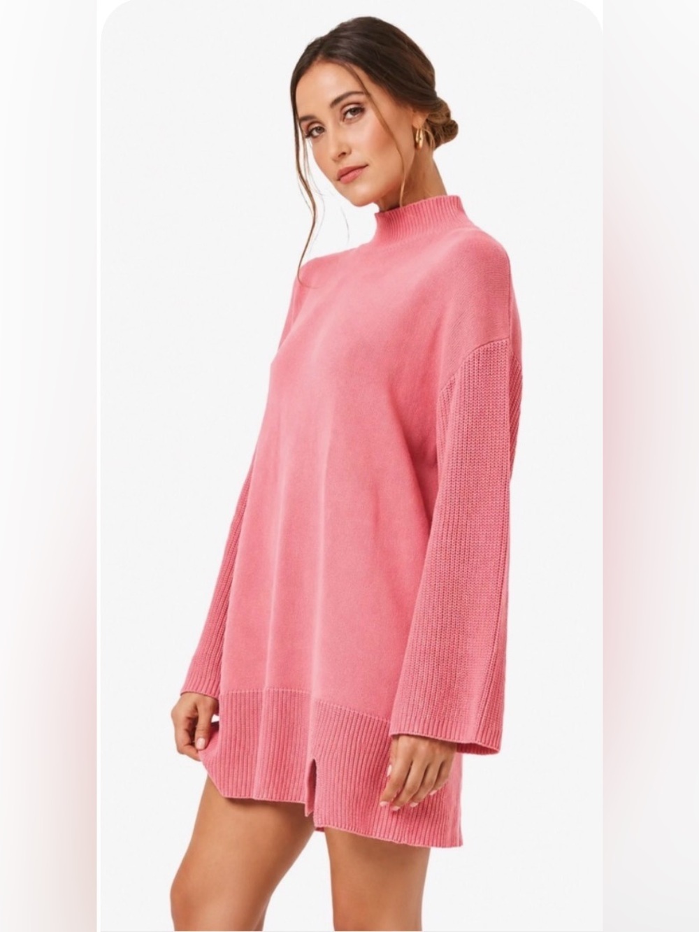 NWT $159 L*space Lacy 100% Cotton Knit Tunic Mini Dress Mock Neck Rosewood Pink